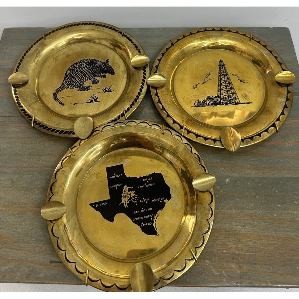 Lot 3 Vintage Aldon Solid Brass Texas Themed Ashtrays Armadillo Oil Gas Wall